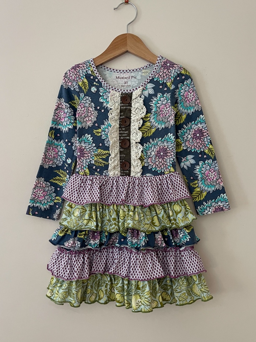MUSTARD PIE EUC Mixed Print Floral Ruffle Cottagecore Long Sleeve Dress